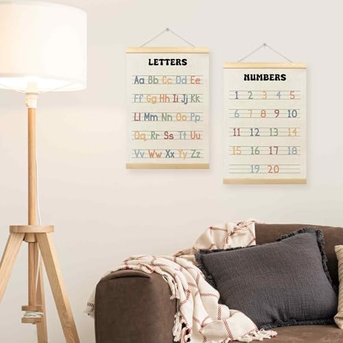 TLESKE Alphabet ABC Numbers Chart Poster Hanger Frame for Toddler Kid Classroom Set of 2, Homeschool Hanging Wall Art Decor for Nursery Playroom, Preschool Prek Learning Educational Poster, 12x16