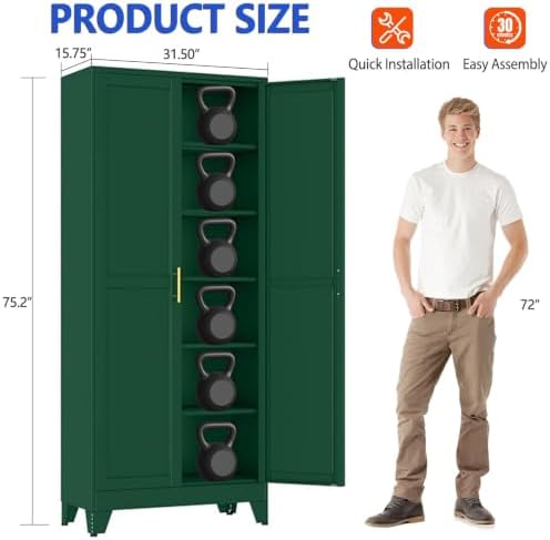 GAIOUS 75'' Tall Metal Garage Storage Cabinet,File Cabinet with Door and Adjustable Shelves, Outdoor Steel Tool Cabinet for Home,Office,Warehouse,Garage,Green