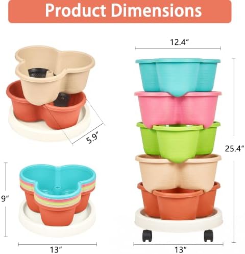 VECELO 5 Tier Vertical Garden Planter, Self Watering Stackable Planters with Wheels for Strawberries, Herbs, Flowers, Vegetables, Multicolor