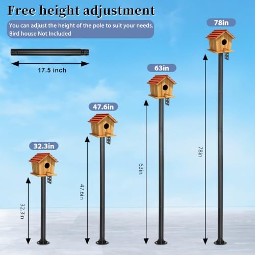 Bird Feeder Pole Heavy Duty 78" Tall, Rustproof Metal Birdhouse Pole with Concrete Flange Base, Tool-Free Threaded Assembly & Adjustable Height 32"-78" for Outdoor Birdhouse or Feeder