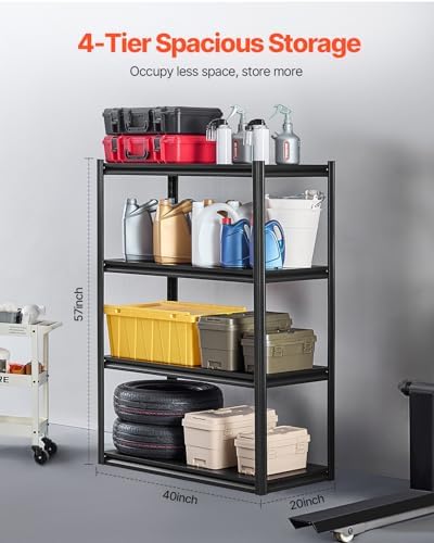 VEVOR Storage Shelves, 2400 lbs, 4 Tier Garage Storage Shelving, 20" D x 40" W x 57" H Adjustable Metal Shelves for Garage Shelves Utility Rack Shelf, Ideal for Kitchen, Warehouse, Basement, Black