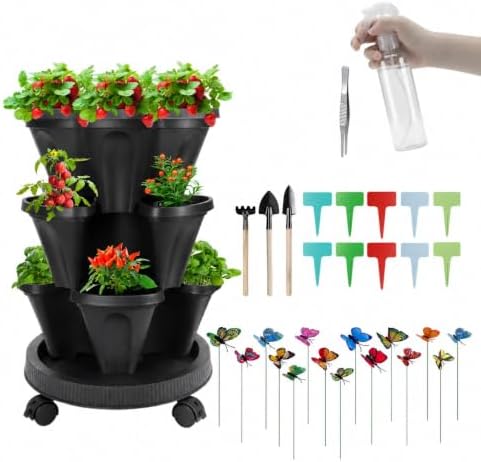 GameXcel Vertical Planter Tower - 3 Tier Stackable Garden Planters with Wheels and Garden Tool Set Plant Pots for Strawberry Herb Flower and Vegetable Indoor Outdoor Use Black