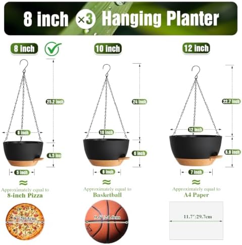 8 Inch Self Watering Hanging Planters Set of 3 with Saucers