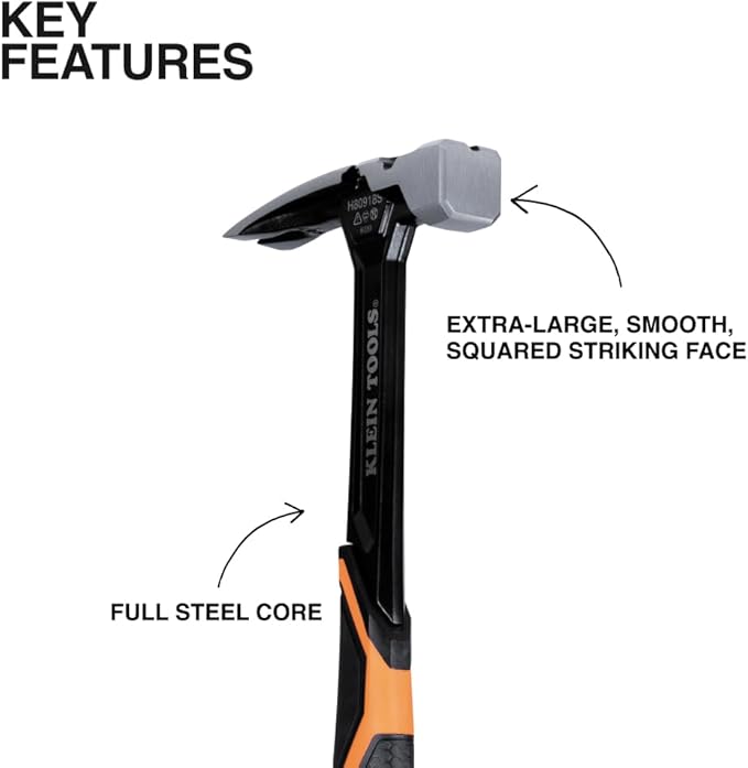 Klein Tools H80918S Smooth Face Framing Hammer with Straight Claw, 18-Ounce Forged Steel, Magnetic Nail Starter and Extra-Large Squared Strike Face
