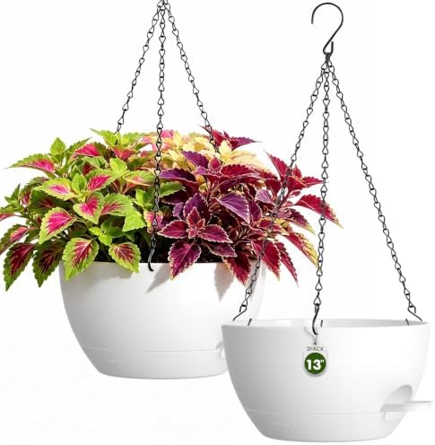 13 Inch Large Self Watering Hanging Planters 2 Pack with Saucers