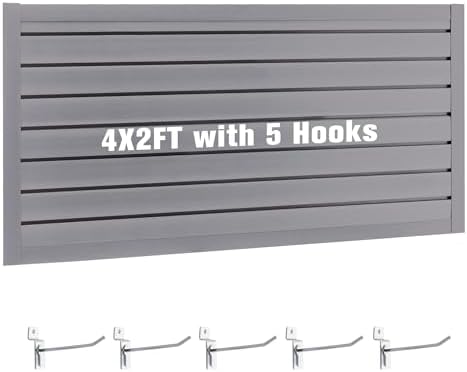 Slatwall Panel Garage Wall Organizer Storage Systems, Wall Mounted PVC Storage Rack with 5 Hooks, Interlocking Workshop Slat Wall Paneling Sheets Board Shelves Tools Organization-Grey(2’H x 4’W)