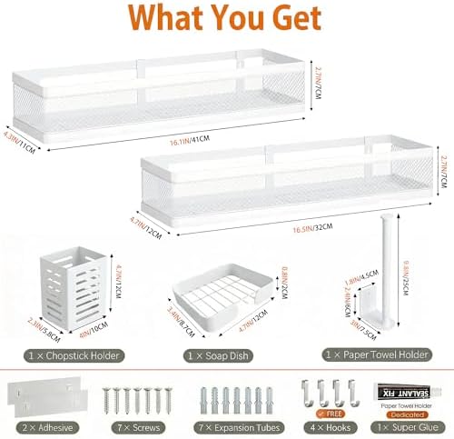 PUSDON 5-in-1 16.5" Extra Long Slim Wall Mount Wrapped Mesh Kitchen Organizer & Shower Caddy Kit, with Paper Towel Holder, Utensil Holder, Soap Dish, Holds 50LBS - White, Netting