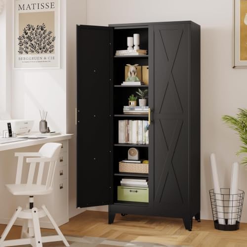 75" Metal Kitchen Pantry Storage Cabinet with 2 Doors and 5 Adjustable Shelves,Black Farmhouse Pantry Cabinet,Steel Garage Tool Cabinet Freestanding Cupboard for Kitchen,Dinning Living Room