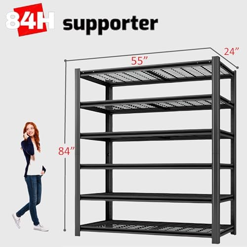 6-Tier Heavy Duty Garage Shelving, 6,000 lbs Capacity Adjustable Metal Storage Shelving Unit for Garage, Basement, Warehouse & Workshop, 55" W x 24" D x 84" H