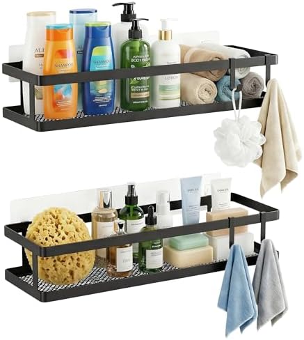 PUSDON 2-Pack 16.5" Extra Long Slim Shower Caddy, Adhesive Wall Mount Bathroom Organizer, Rustproof Open Frame Mesh Spice Rack for Kitchen, Holds 50LBS - Matte Black, Guardrail