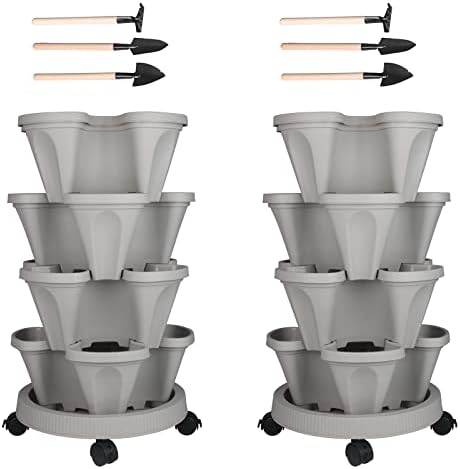 GameXcel Vertical Planter Tower - 4 Tier Stackable Garden Planters with Wheels and Tools Plant Pots for Strawberry Herb Flower and Vegetable Indoor Outdoor Use Gray 2 Pack