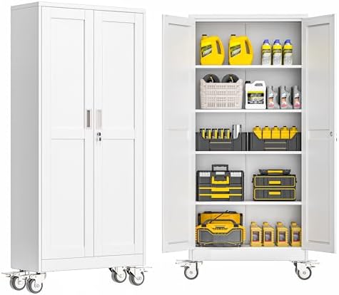 GAIOUS Metal Garage Storage Cabinet with Lock, Steel Tool Cabinet with 2 Door and 4 Adjustable Shelves, 71” Tall Lockable File Cabinet with Wheels, Rolling Cabinet for Home Office Garage Gym - White