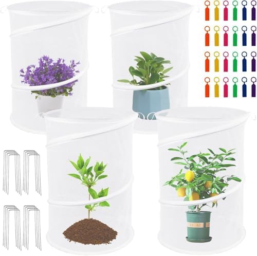 4 Pack Pop Up Plant Covers Tent from Animals, 20" H X 13" Garden Mesh Plant Cover, Outdoor Mesh Plant Enclosure for Pests, Bird and Pest Protection Guard for Plants, with Stakes and Labels (White)