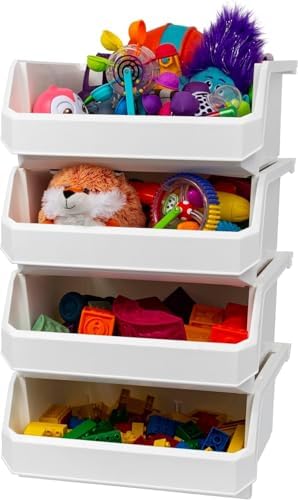 ReadySpace Extra Large Stackable Plastic Storage Bins, 4-Pack, White