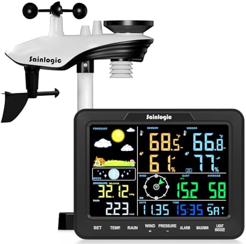 Sainlogic 12-in-1 Weather Stations Wireless Indoor Outdoor, Weather Station with Rain Gauge, Wind Speed/Direction, Outdoor Dew Point, Air Pressure, Barometer,Temperature/Humidity (No WiFi)