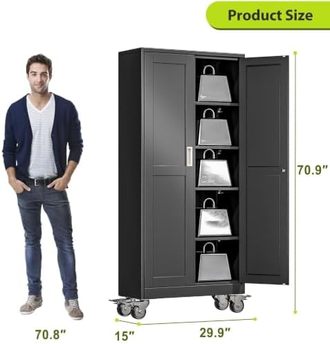71-Inch Metal Garage Storage Cabinet with Wheels, Locking Doors and Shelves