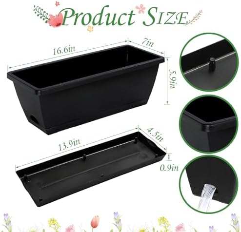 12Pcs 17Inches Rectangle Planter Box with Drainage Holes and Trays