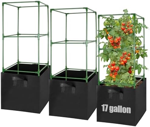 ANPHSIN Sturdy Square Tomato Cage with Movable 17 Gal Grow Bags, 3 Sets