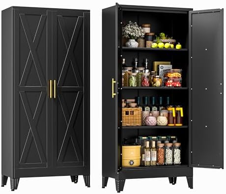 61" Metal Kitchen Pantry Storage Cabinet with 2 Doors and 3 Adjustable Shelves,Black Farmhouse Pantry Cabinet,Steel Garage Tool Cabinet Freestanding Cupboard for Kitchen,Dinning Living Room