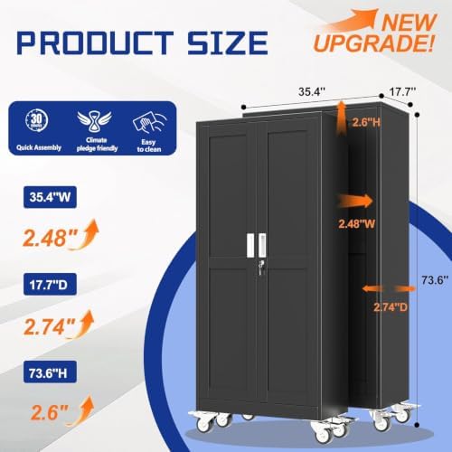 GAIOUS 73.6” Tall Metal Garage Storage Cabinet with Lock, Steel Tool Cabinet with 5 Adjustable Shelves, New Upgrade Lockable File Cabinet with Wheels, Organization for Home Office Garage Gym - Black