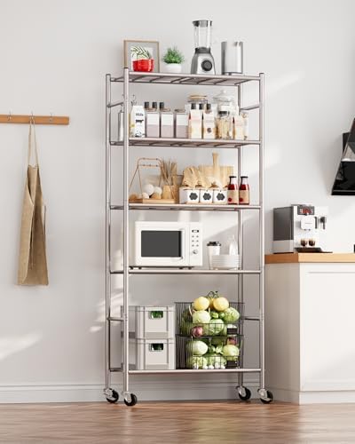 Sakugi 5-Tier Storage Shelves 33.1" x12.6' x73.5 Silver with Wheels