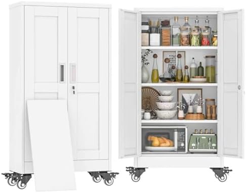 47" H Metal Pantry Storage Locker Cabinet with Wheels,Rolling Kitchen Pantry Cabinet with 2 Doors and 3 Adjustable Shelves, Lockable Steel Garage Tool Cabinet Organization for Home,Gym,School,White