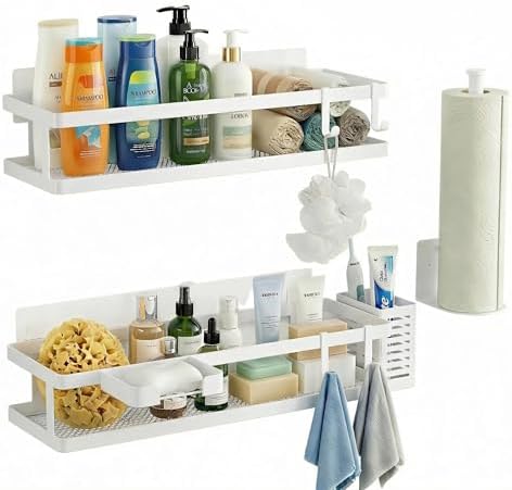 PUSDON 5-in-1 16.5" Extra Long Kitchen Organizer & Shower Caddy Set, Wall Mount Spice Rack with Paper Towel Holder, Utensil Holder & Soap Dish, Rustproof Mesh - White, Guardrail