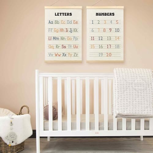 TLESKE Alphabet ABC Numbers Chart Poster Hanger Frame for Toddler Kid Classroom Set of 2, Homeschool Hanging Wall Art Decor for Nursery Playroom, Preschool Prek Learning Educational Poster, 16x24