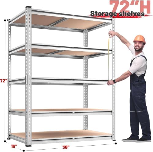 REIBII Galvanized Garage Shelving,5-Tier Metal Rack,36" W x 16" D x 72" H