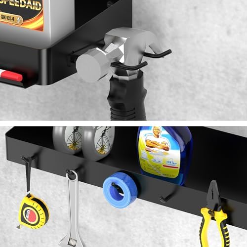 ZUNTO Pack of 2 Black Paper Towel Holder and Organizer Shelf for Garage, Wall Mounted Paper Roll Holder with Shelf and Hooks, Drilling Garage Organization and Storage