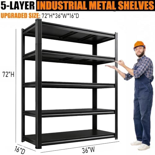 2pack Garage Shelving Heavy Duty Metal Garage Storage Shelves Organizer for Heavy Tools and Equipment, 5 Tier Metal Shelves Adjustable Shelf for Pantry Kitchen Warehouse, Black