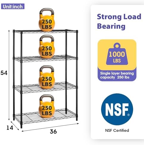 PayLessHere | 4-Tier Wire Shelf | 36"x14"x54" | Black | Adjustable Racks | Heavy-Duty Storage Shelves, Holds Upto 1000 lbs | Rust-Resistant, No-Tool Assembly | for Home, Garage Shelving