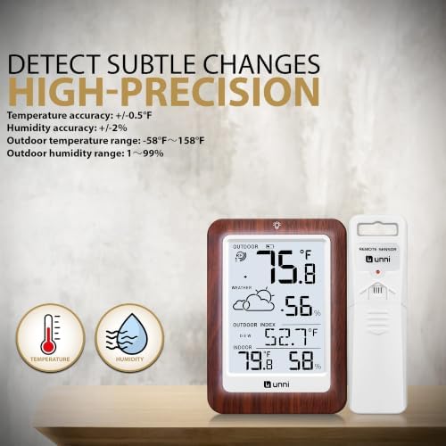 Indoor Outdoor Thermometer Wireless Weather Station, Temperature Humidity Monitor Battery Powered Inside Outside Thermometers with 330ft Range Remote Sensor and Backlight Display（Dark Wood）