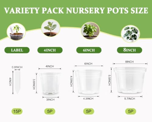 RooTrimmer 15 Pack 8/6/4 Inch Clear Nursery Pots with Drainage Hole, Transparent Plastic Plant pots, Sturdy Planting Starter Pots for Seedlings Herbs Flowers Vegetable (Clear-15P)