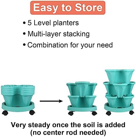DUNCHATY Stackable Vertical Garden Planter with Wheels, 5 Tier Herb Planter Pots for Growing Vegetables and Succulents, Teal