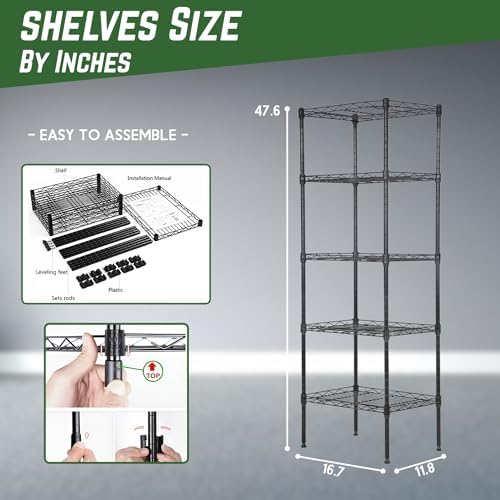 PayLessHere 5-Tier Adjustable Wire Shelf 12" W x 17" D x 48" H Max Load 750 lbs, Easy Assembly, Versatile Storage Solution, Durable and Stable for Home and Office,Black