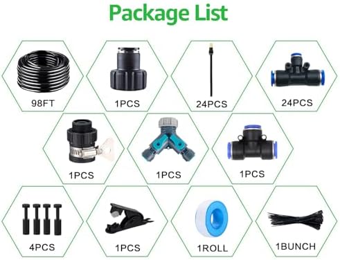 100FT Drip Irrigation Kit, Automatic Garden Watering System with Tool-Free Quick Connectors, 360° Bending Drippers & Copper Misting Nozzles for Greenhouse, Patio, Lawn & Vegetable Garden. (30M)