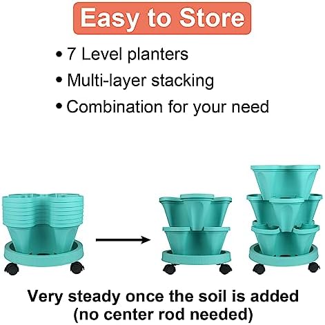 DUNCHATY Stackable Planter, Vertical Garden Planter with Wheels and Tools, Self Watering Strawberry Planter Indoor/Outdoor 7 Tier Herb Planter Pots for Growing Vegetables and Succulents, Teal