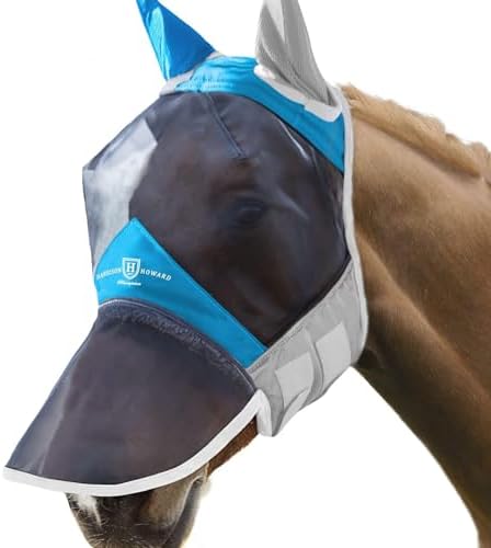 Harrison Howard Pro Luminous Horse Fly Mask Long Nose with Ears UV Protection for Horse Azure Blue/Silver Small Pony