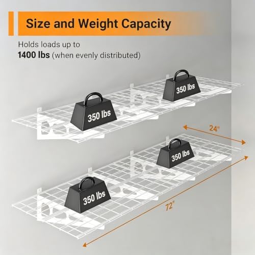 Garage Shelving, 2-Pack 2x6 ft Garage Wall Shelving, 1400 lbs, White