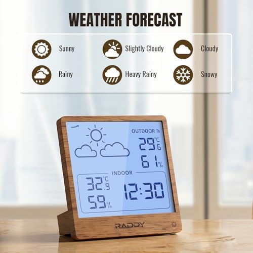Raddy WF-50T Wireless Weather Station, Dark Wood Frame