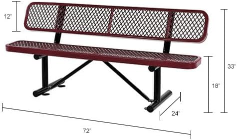 Global Industrial 6'L Heavy Duty Expanded Metal Mesh Bench with Backrest with Steel Frame, Portable Outdoor Bench, 1000 lbs Capacity, Red, 72" L x 24" W x 33" H