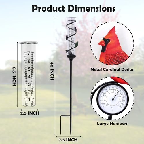 40" Garden Rain Gauge - 7" Glass Tube for Outdoor Indoor Use, Patio Yard Decor Statue,Metal Red Bird Rain Gauge.