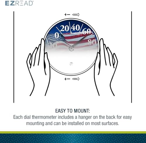 EZREAD Hanging Dial Thermometer 840-1221 Weather Thermometers for Indoor and Outdoor Use, Large 12.5 Inch Diameter, Easy to Read Numbers, American Flag