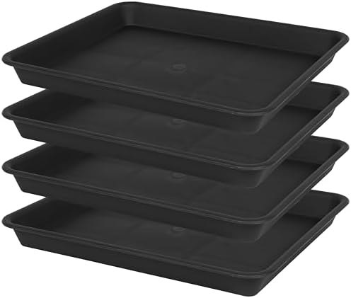 VUWEZ 4 Pack Plant Saucer Tray Rectangular, Plant Saucers for Indoors, Heavy Sturdy Plastic Plant Drainage Trays, Plant Drip Trays for Pots, Seed Starter Growing Tray (11 x 9 inch, Black)