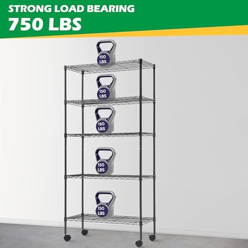PayLessHere | 5-Tier Wire Shelf with Wheels | 14"x30"x60" | Black | Adjustable Racks | Heavy-Duty Storage Shelves, Holds Upto 220 lbs | Rust-Resistant, No-Tool Assembly | for Home, Garage Shelving