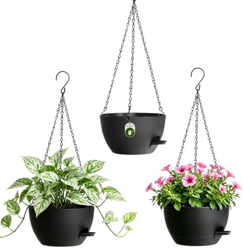 8 Inch Self Watering Hanging Planters Set of 3 with Saucers