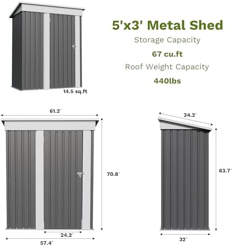 Patiowell 5x3 FT Outdoor Storage Shed, Garden Tool Shed
