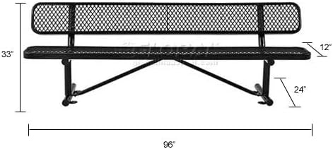Global Industrial 8'L Heavy Duty Expanded Metal Mesh Bench with Backrest with Steel Frame, Portable Outdoor Bench, 1000 lbs Capacity, Black, 96" L x 24" W x 33" H