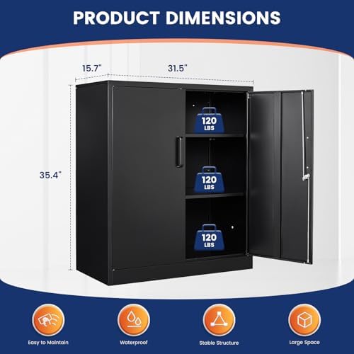 Yizosh Metal Garage Storage Cabinet with 2 Doors and 2 Adjustable Shelves - 35.5" Steel Lockable File Counter Cabinet for Home Office,Garage,Gym,School（Black） (Pack of 2)